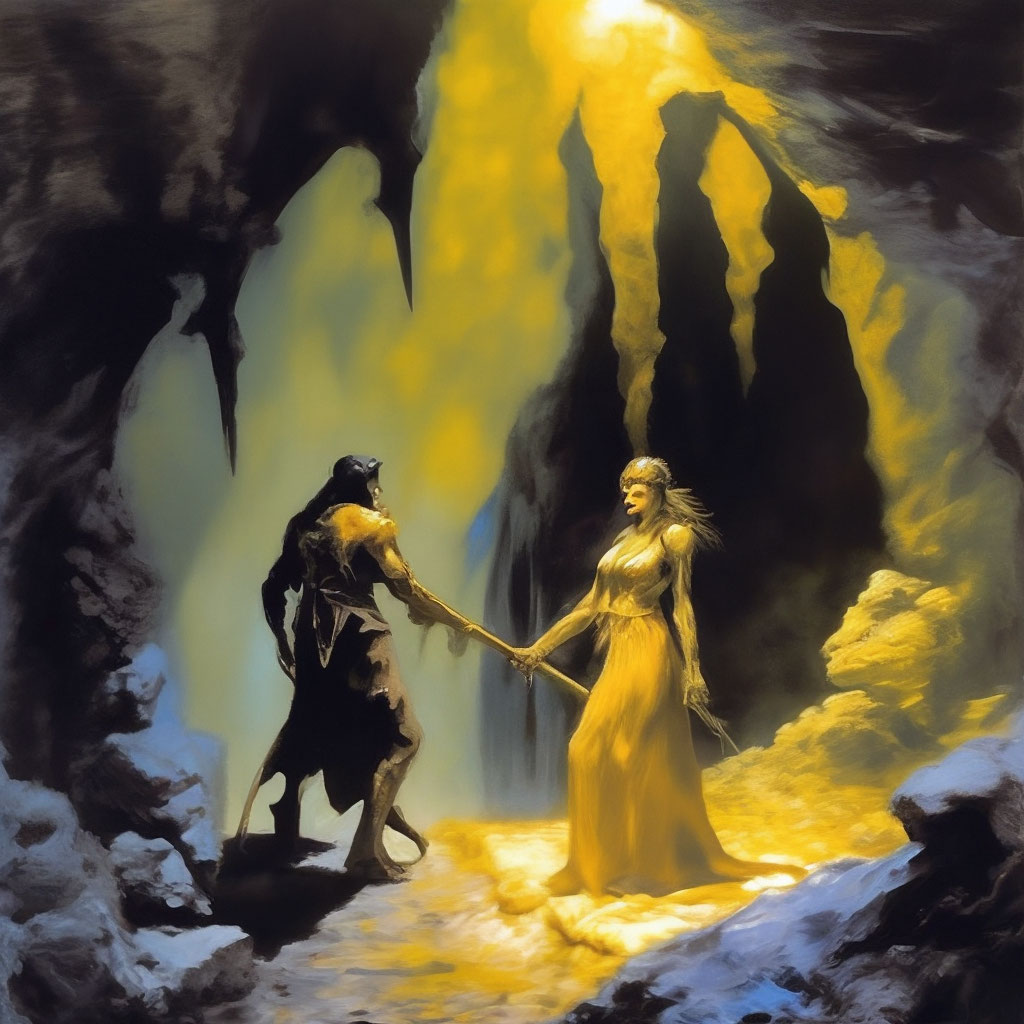 "In the style of Boris Vallejo, a man and a woman in a cave are looking ...