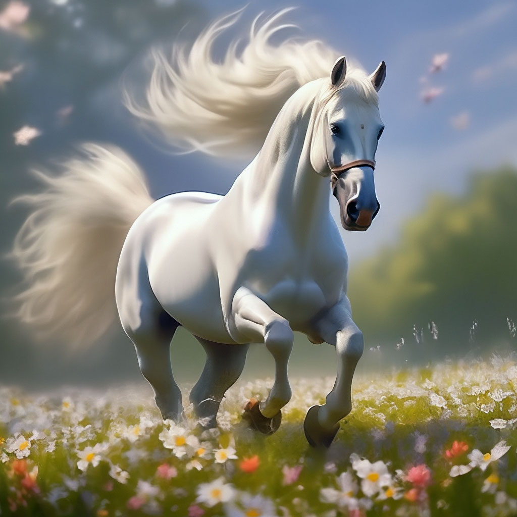 "A very beautiful and realistic white horse with a beautiful long mane ...