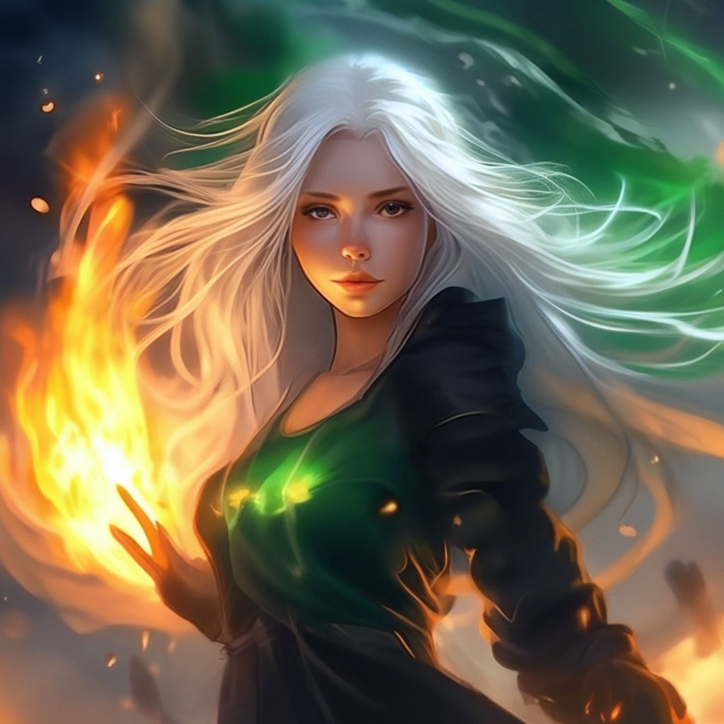 A girl who can control the magic of fire. beautiful, expressive face,fire ,  magic, space, realistic , long white "  image created in Shedevrum