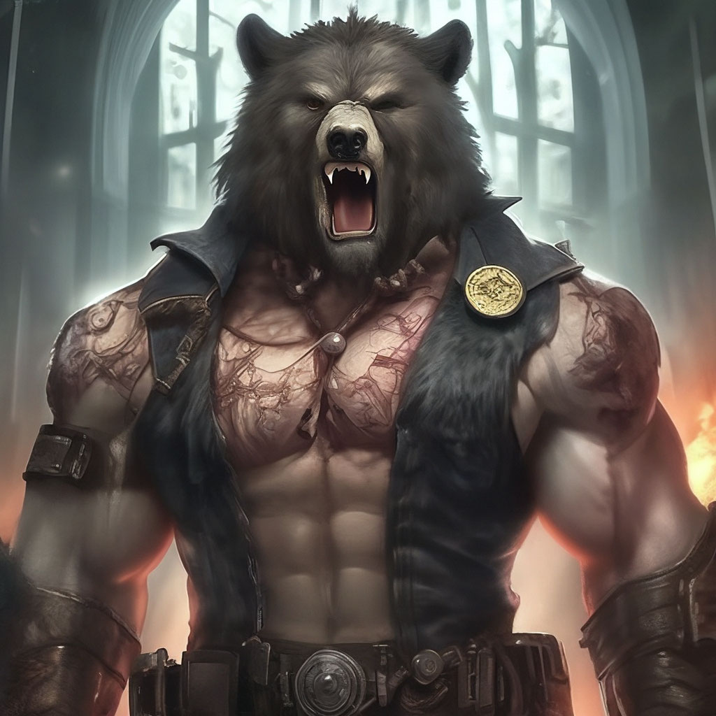 "Man+ werewolf+bear, torso, muscles, veins swollen, angry, horror ...