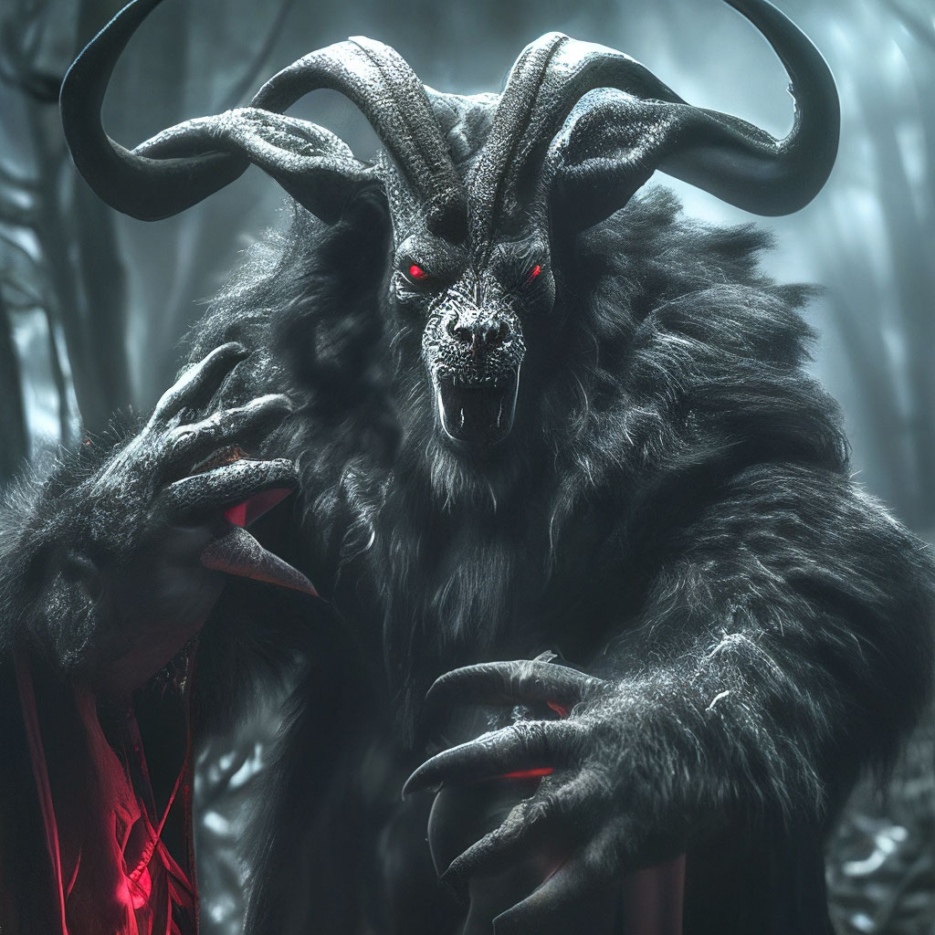 "A huge, humanoid creature with the head of a goat, embraced in a black ...