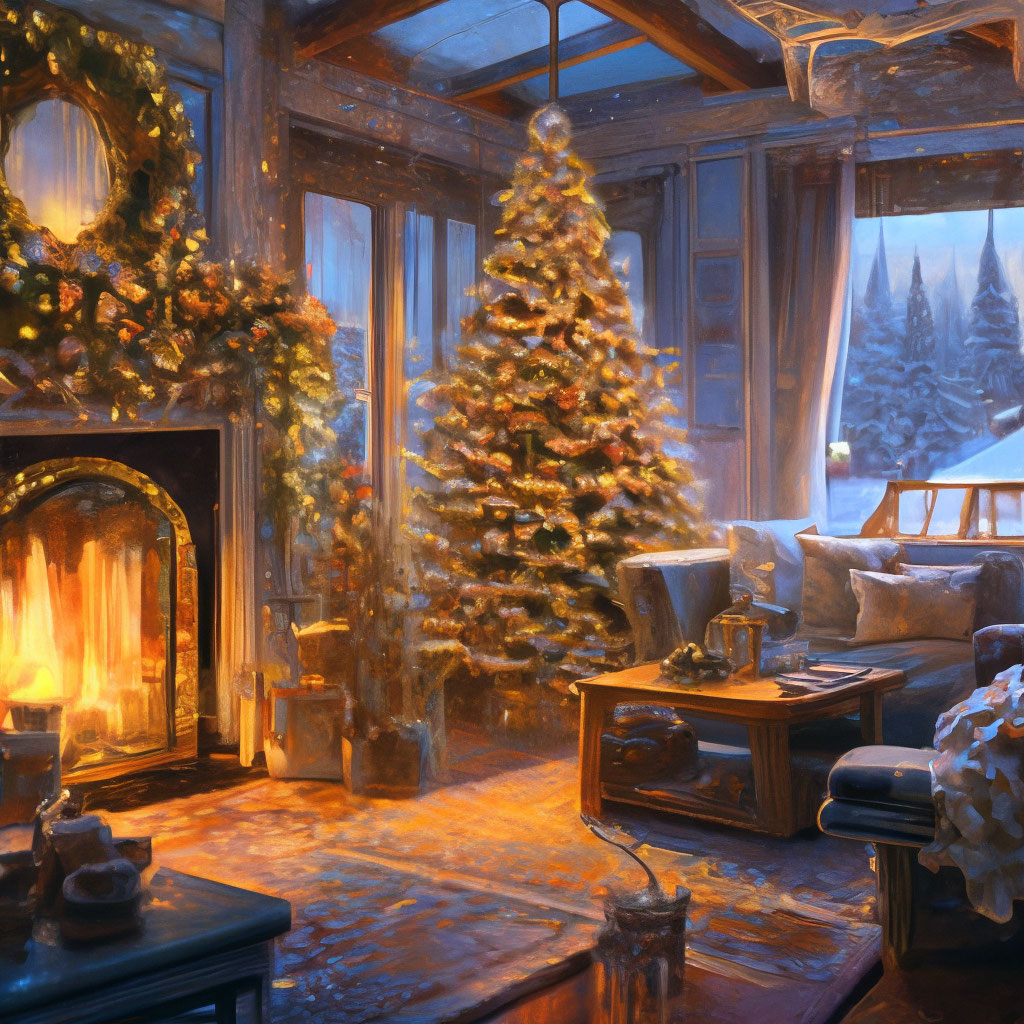 " ️ ️ ️ ️ ️New Year's living room, decorated Christmas tree, fireplace ...