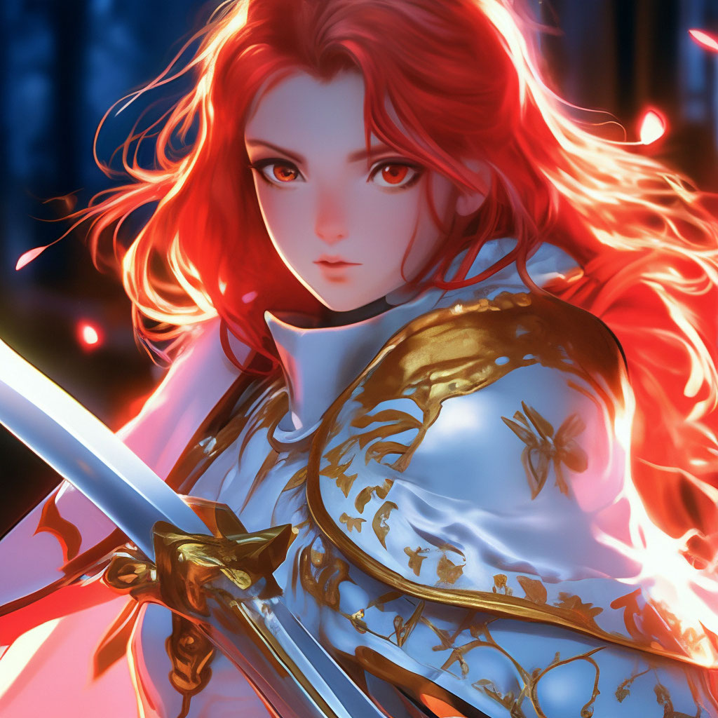 "The girl is a knight in white armor. Scarlet hair and eyes, a red ...