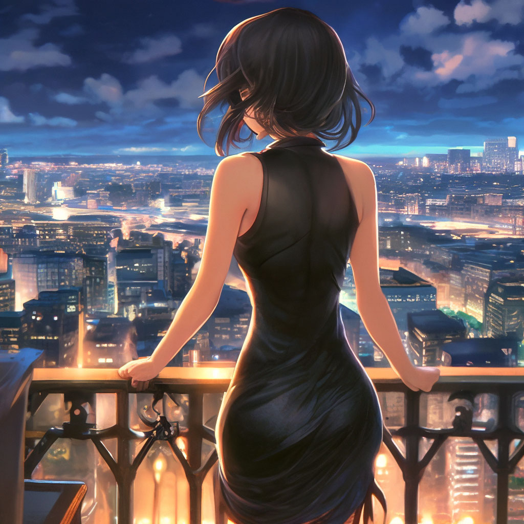 "A girl in a black tight-fitting dress, on a balcony overlooking the ...