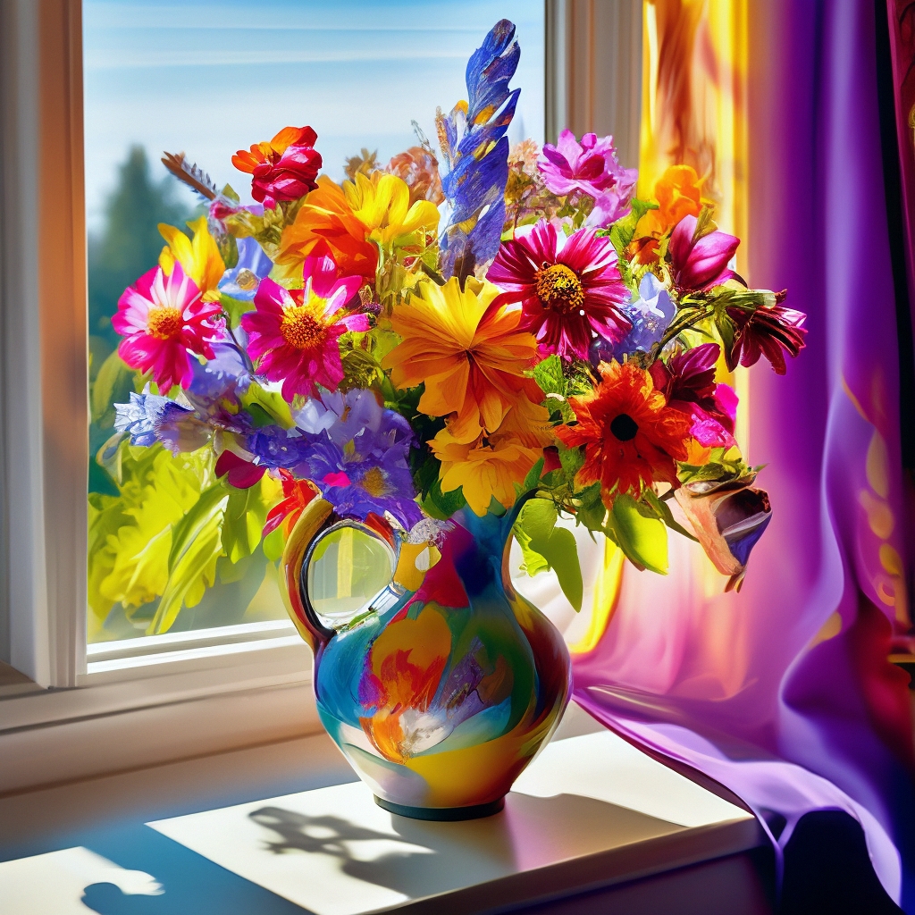 "Beautiful multicolored flowers in a vase on the window in the rays of ...
