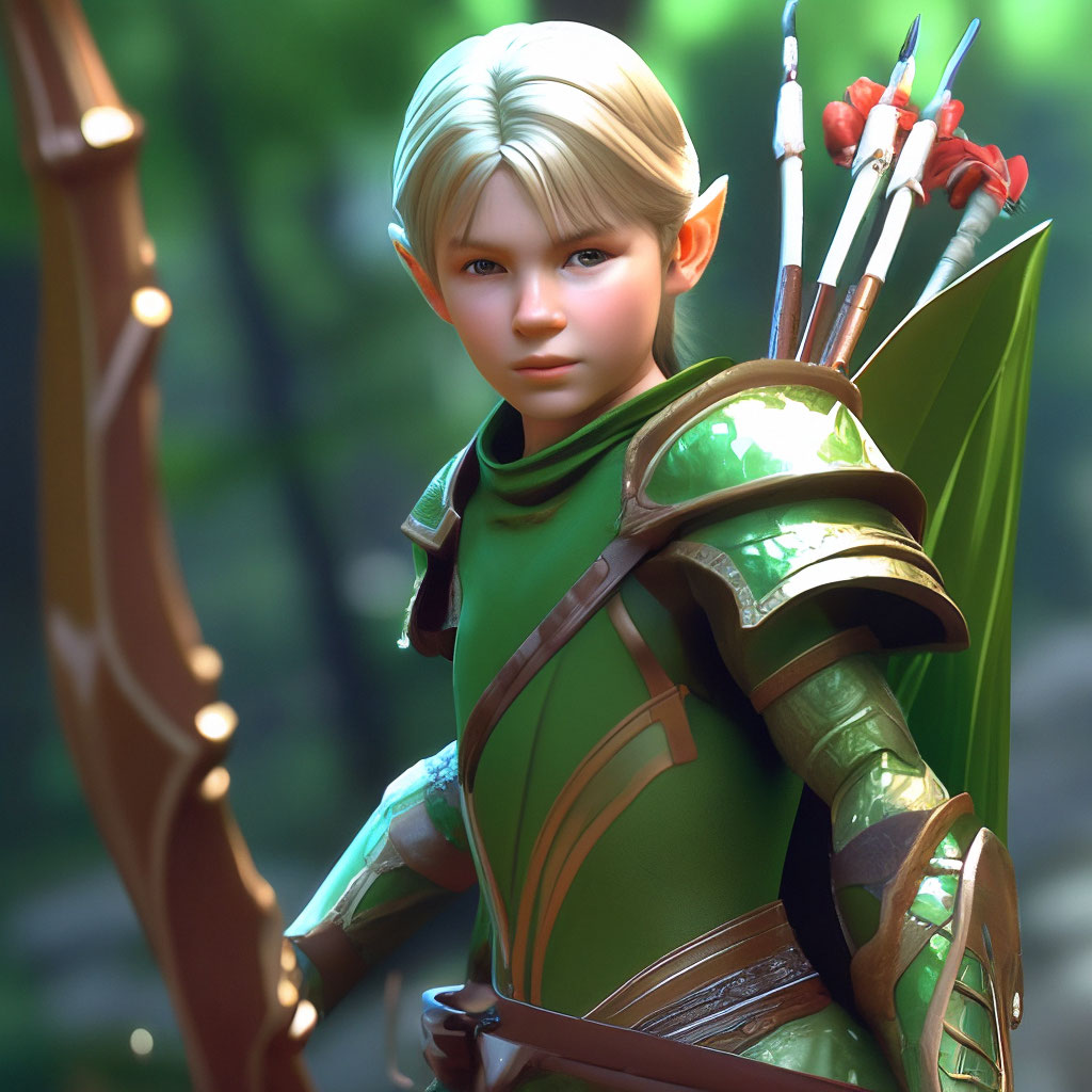 "A young elf in green armor pulls a bow. large resolution.high detail ...