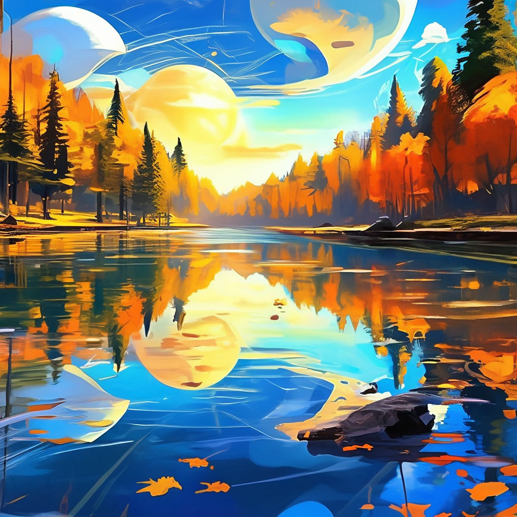 "Lake with reflection of autumn landscape" — image created in Shedevrum