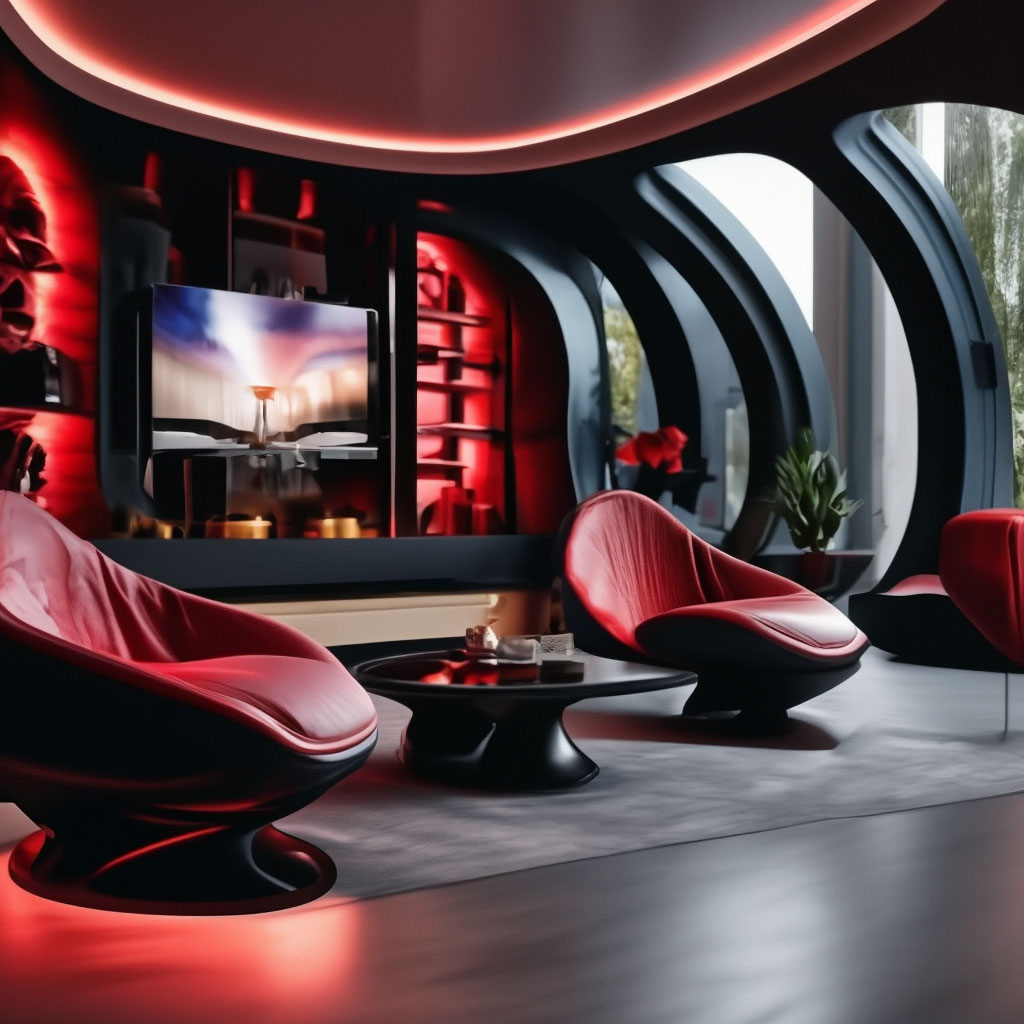 "Living room design in bionic style, black color, red accents, symmetry ...