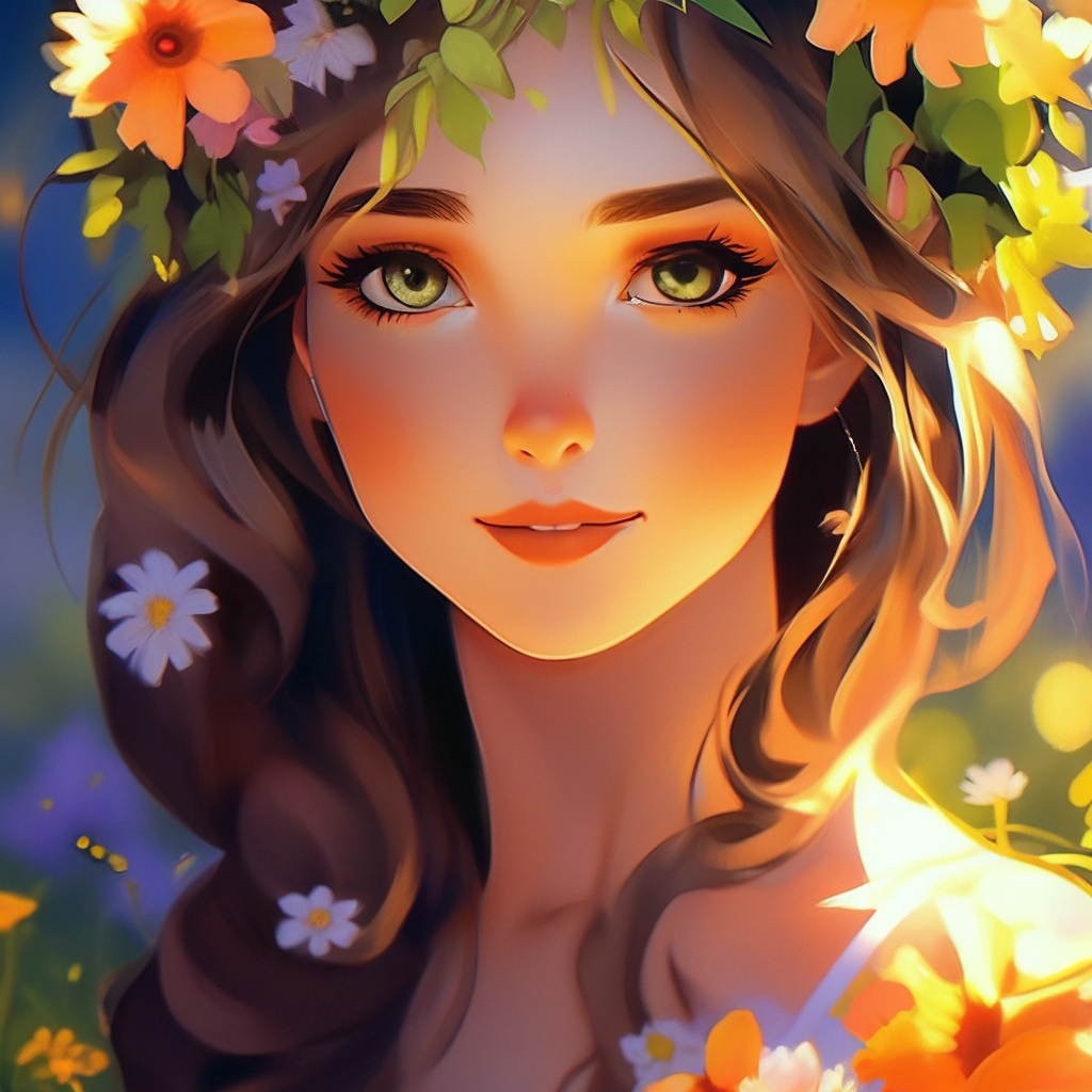 "Flower maiden. Watercolour. Portrait. Charming face. Huge eyes. Bright ...