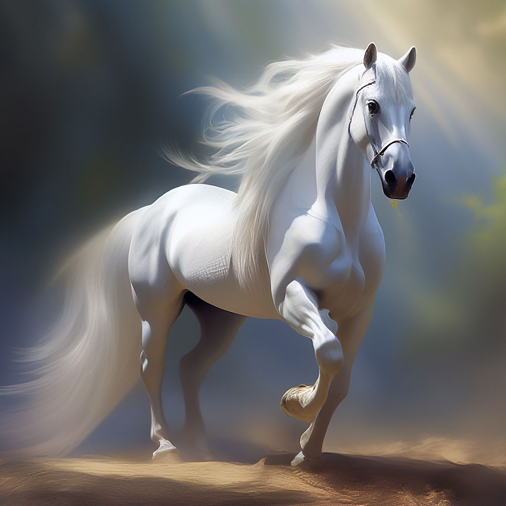 "A white horse with a long tail and mane, beautiful" — image created in ...
