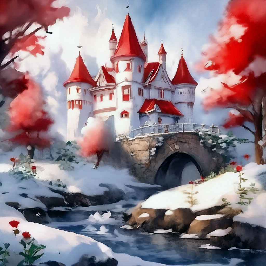 "🏰 Snow-white castle with a red roof, a stream and plants with bushes ...