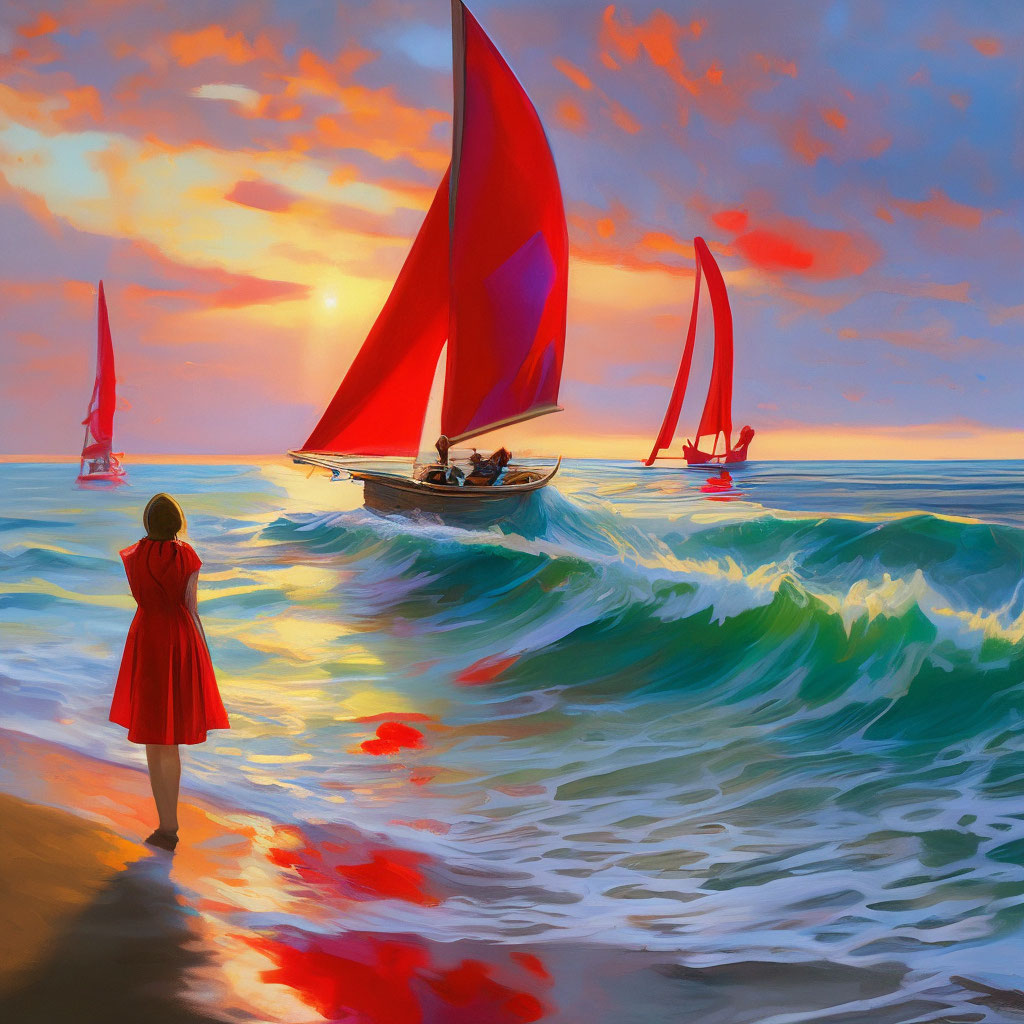 "The seashore, iridescent waves, a sailboat with scarlet sails can be ...