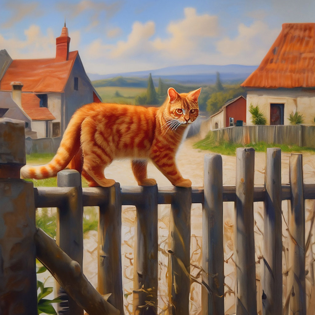 "A red cat on the fence. walking along the fence in the village ...