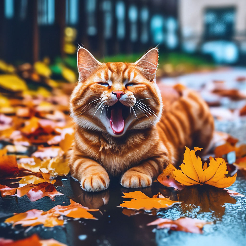 "Ginger cat cute yawns autumn leaves are lying on the ground rainy ...