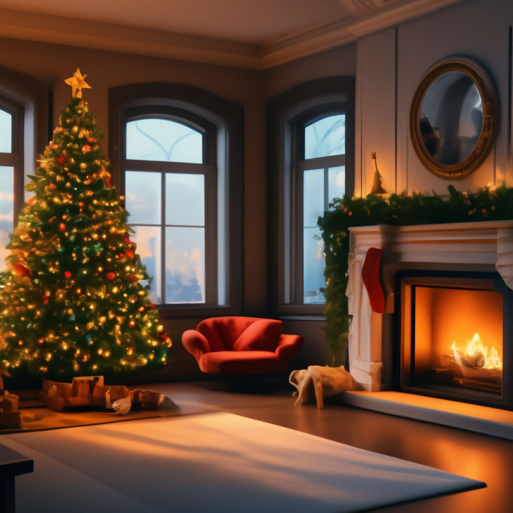 "New Year's living room, decorated Christmas tree stands in the house ...