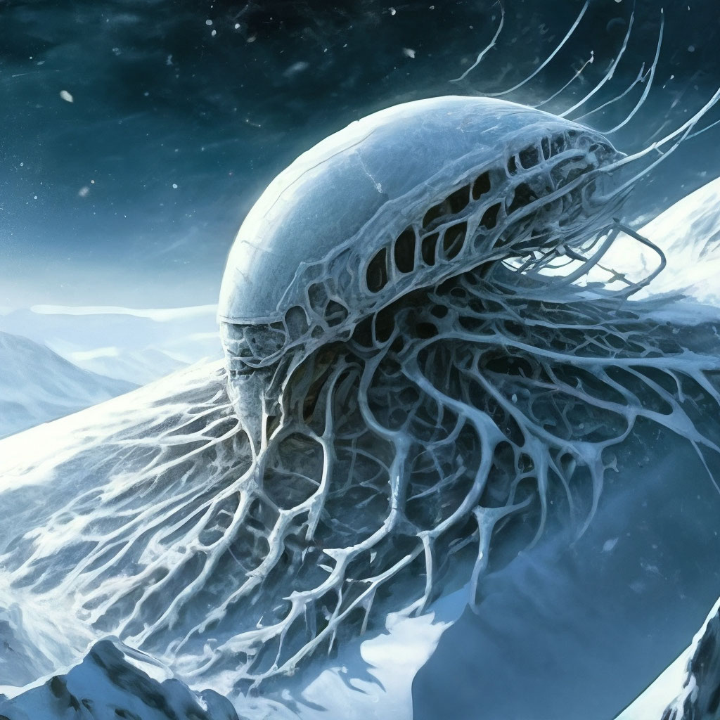 "Snow-covered Alps, a frozen alien lies under the ice, top view ...