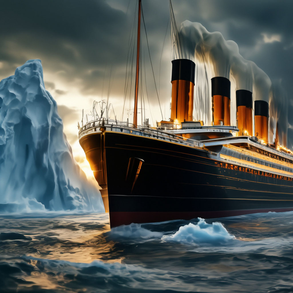 "The Titanic sails on the sea next to an iceberg 🌊" — image created in ...