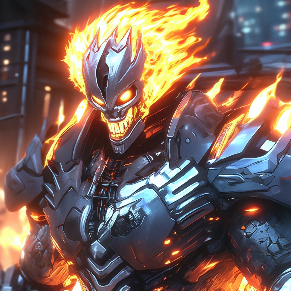 ghost rider-cyborg monster,rage,fiery head ,muscular,power armor ...