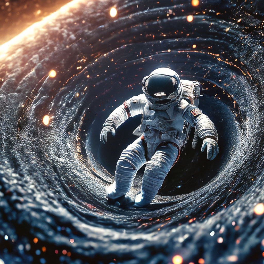 "Microscopic figure of an astronaut in a full-length spacesuit, falling ...