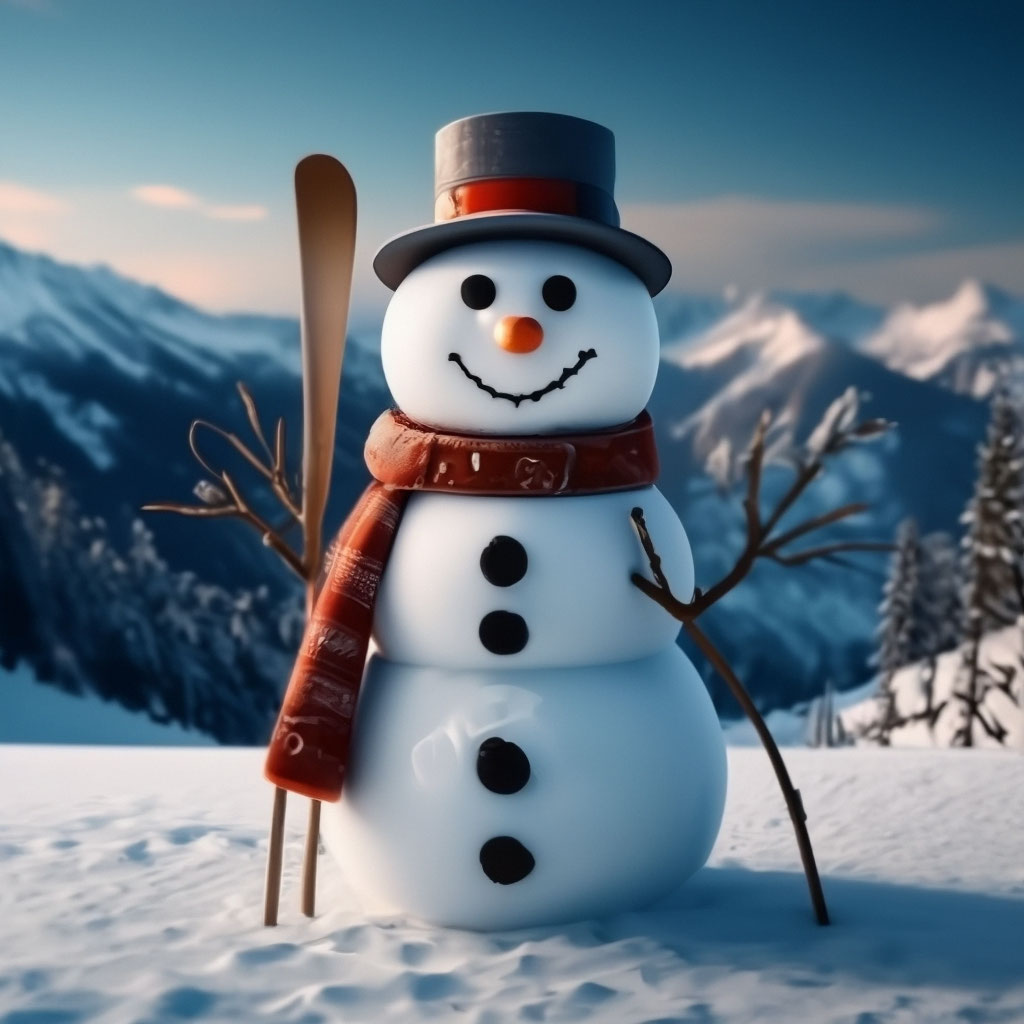 "A snowman made of 3 lumps of snow, with a bucket on his head, a carrot ...