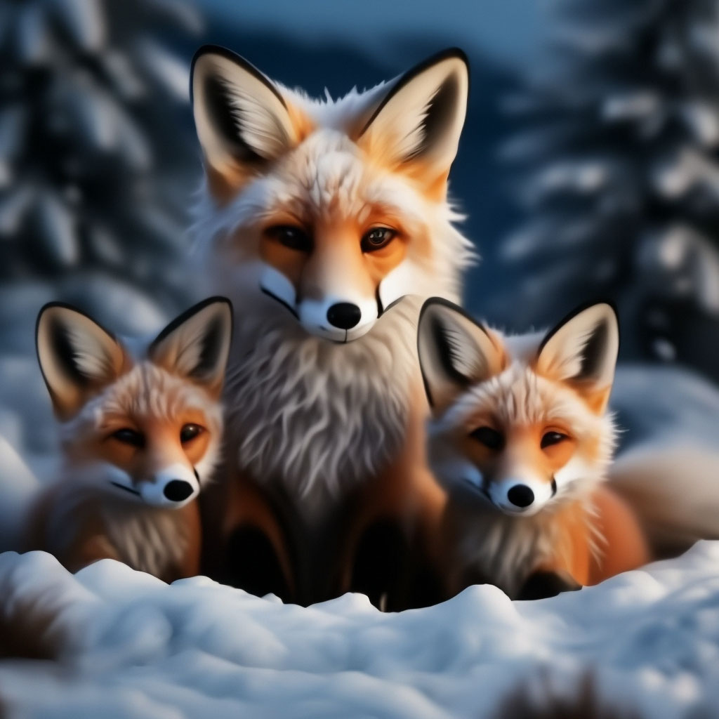 "A beautiful snow fox with cubs.One fox cub is in a snowdrift and one ...