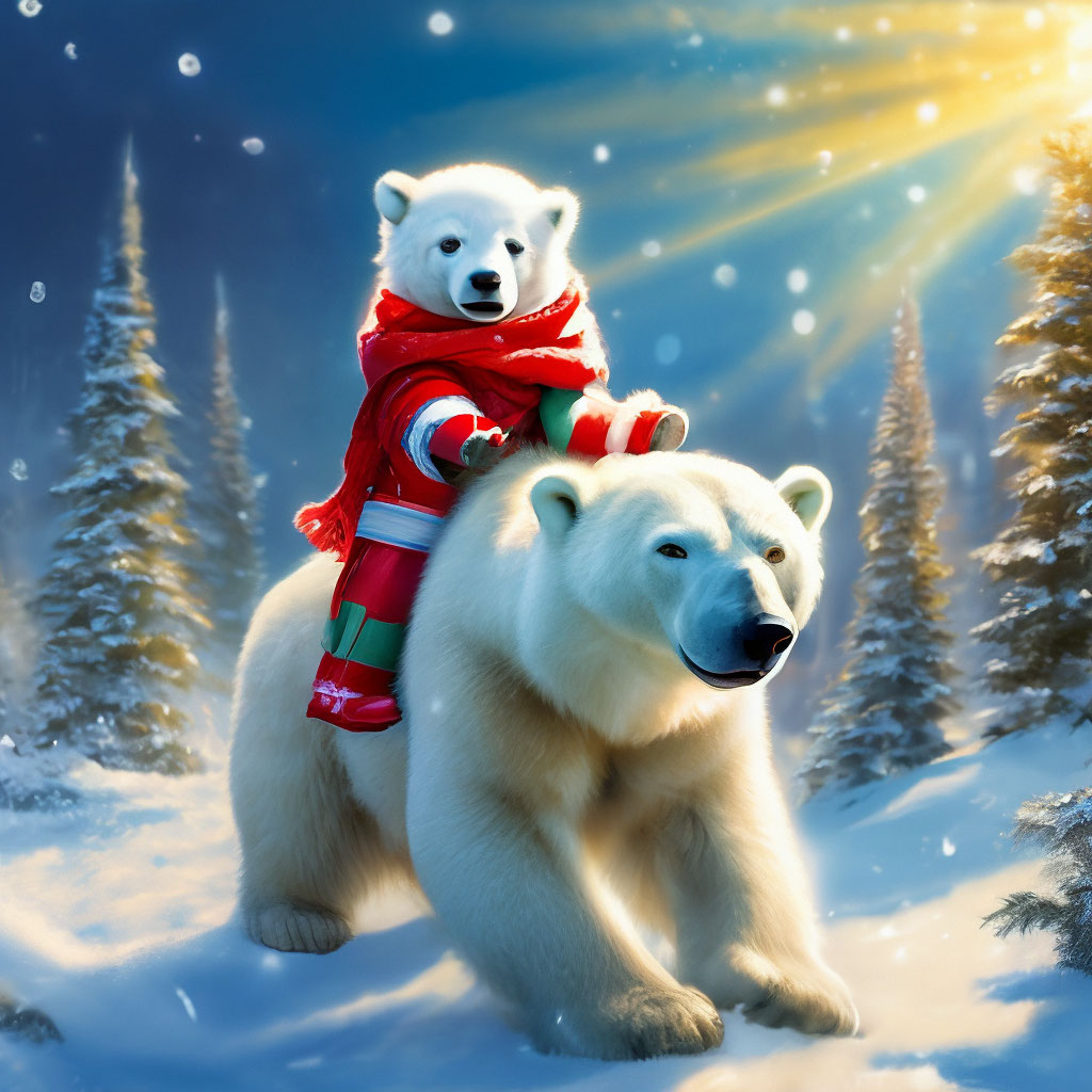 "A polar bear cub in a red scarf rides a polar bear. Background of snow ...