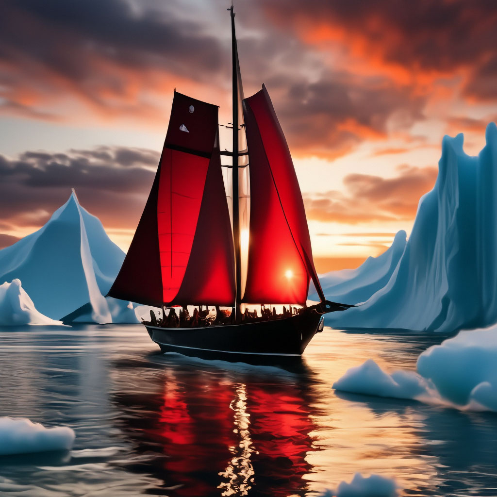 "A yacht with scarlet sails drifts among icebergs at sunset" — image ...
