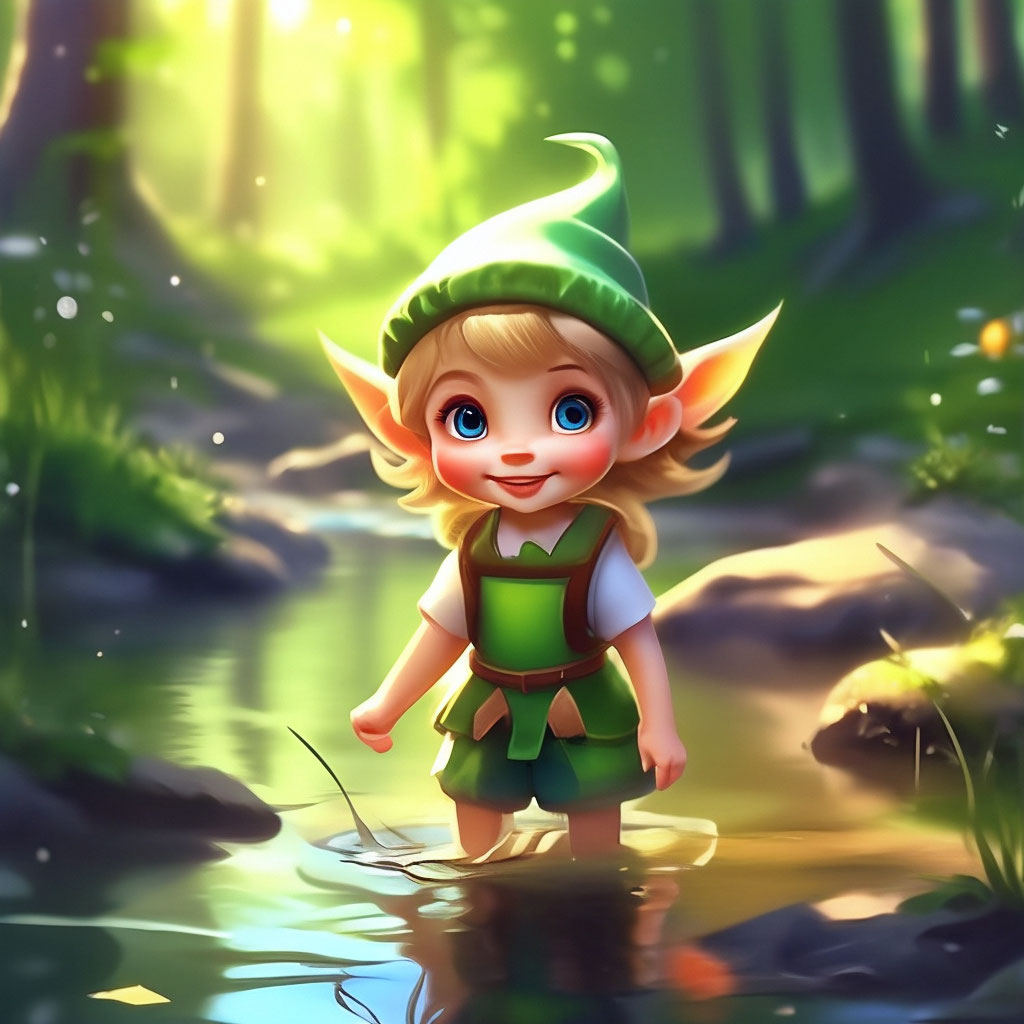 "Beautiful cute elf in the forest by the river in summer realism ...
