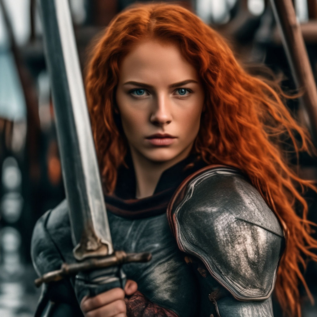 "A red-haired girl in armor on a ship holds a sword over her head ...