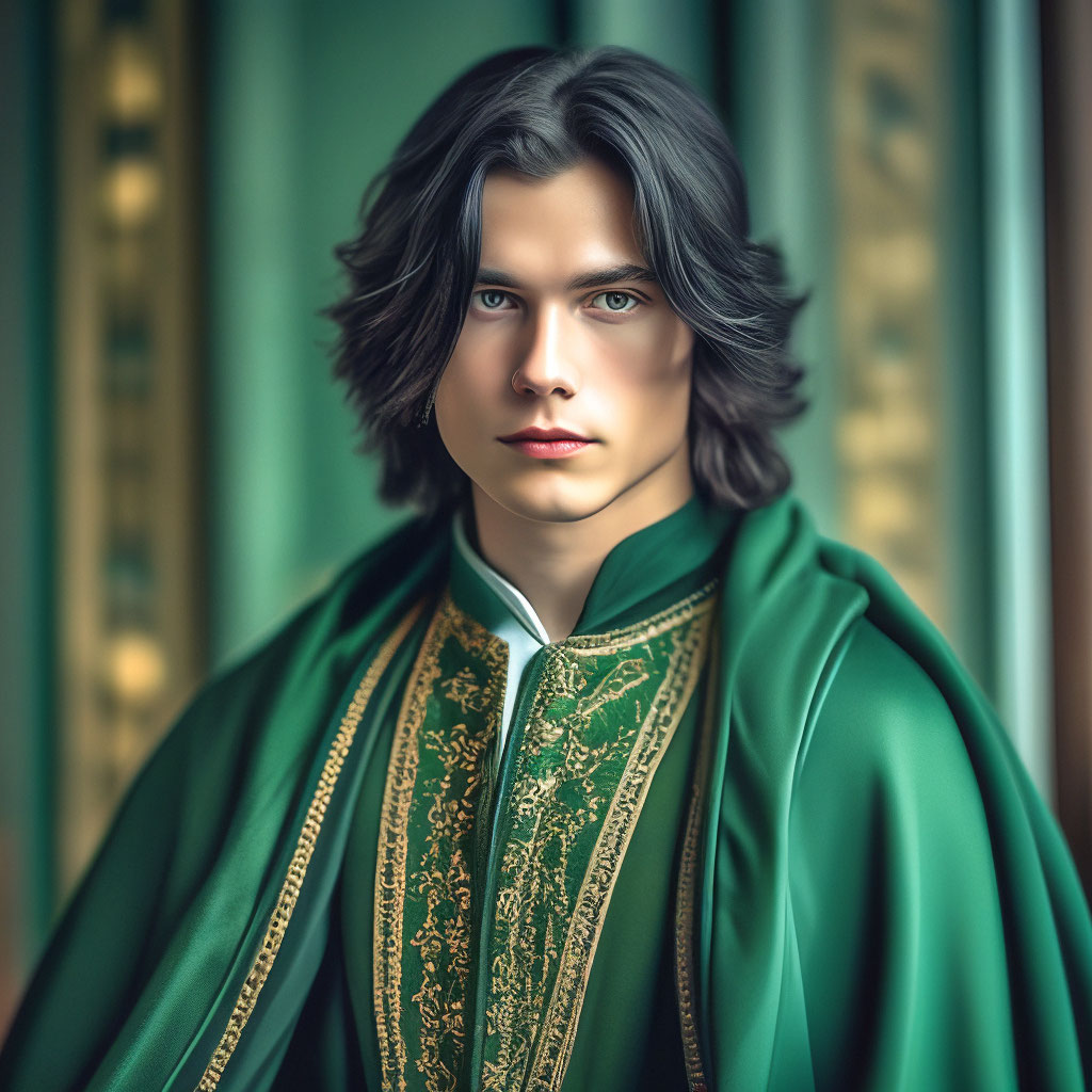 "A young man with shoulder-length black hair and blue eyes in a ...