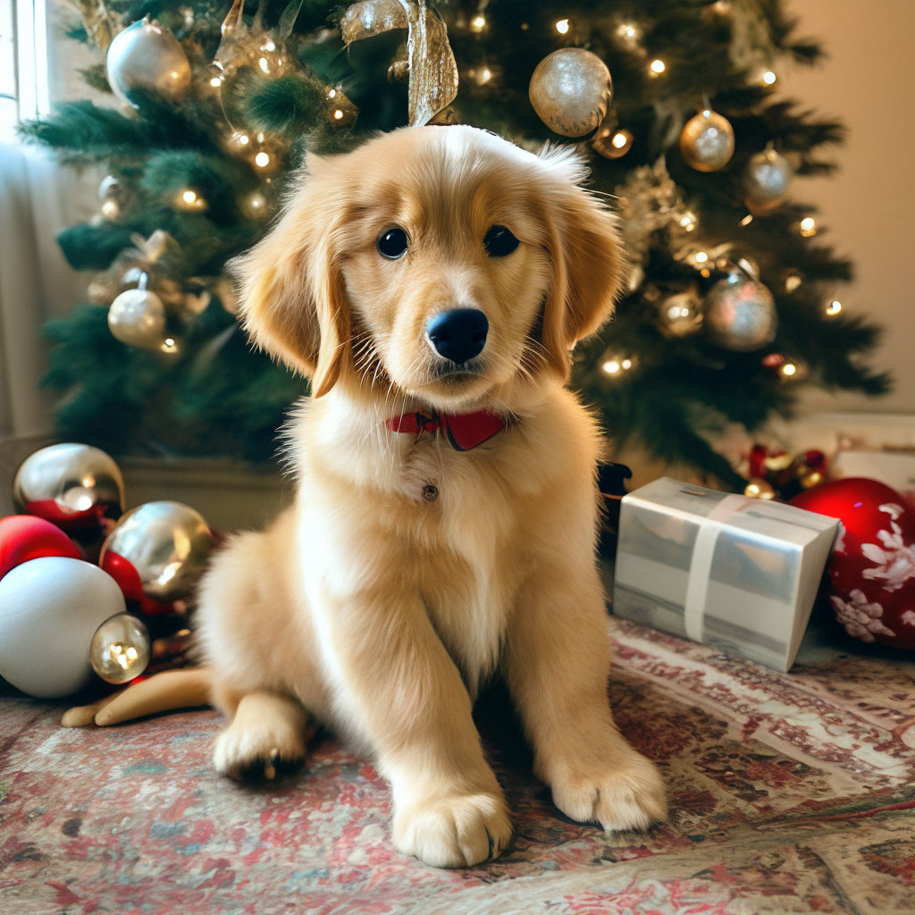"Golden retriever puppy sitting near the Christmas tree 🎁for XOLUS ...