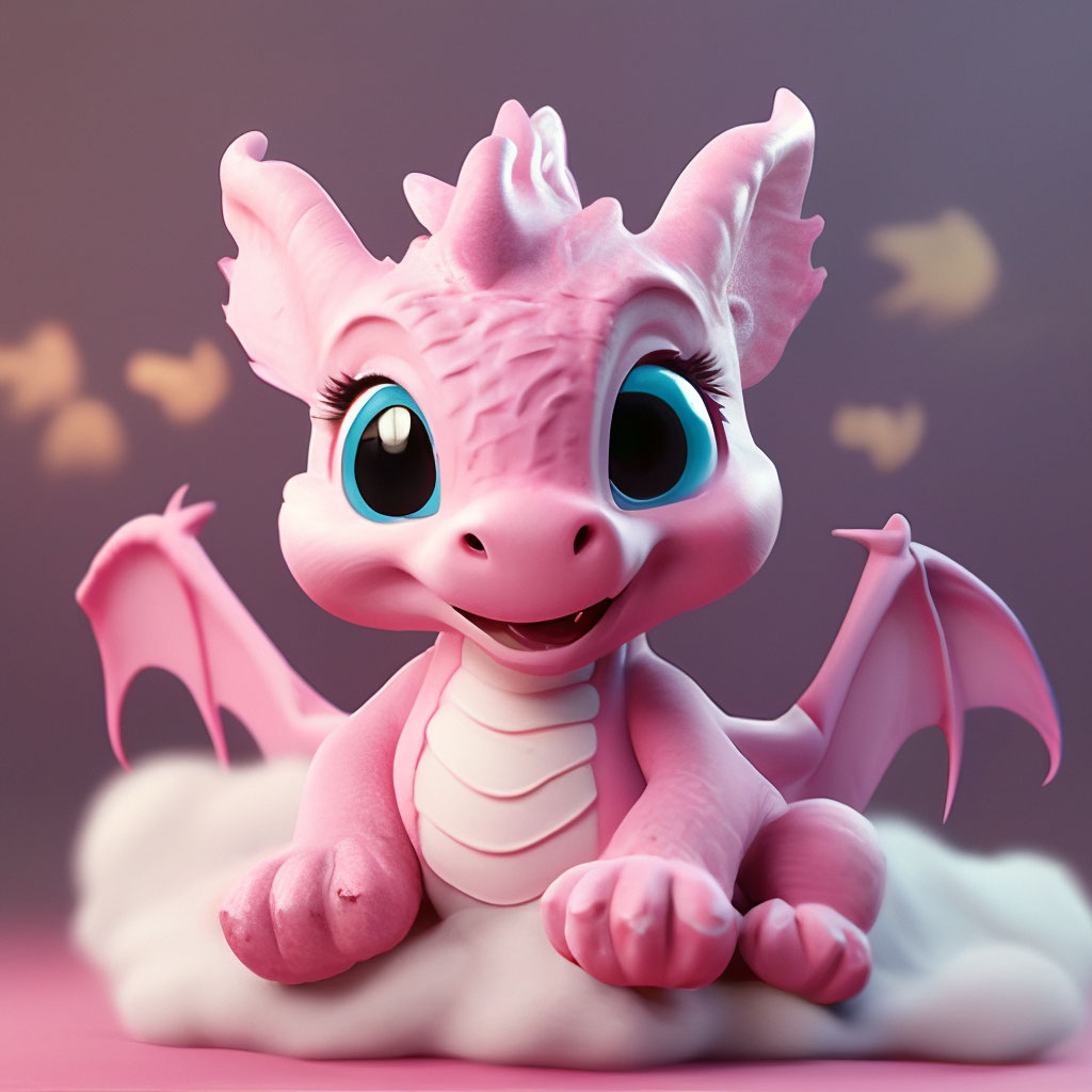 "Cute pink dragon smiling sitting on a soft fluffy cloud, long black ...