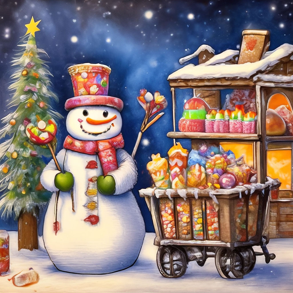 "The snowman.. A snowman - seller, a cart with sweets, a snowman stands ...