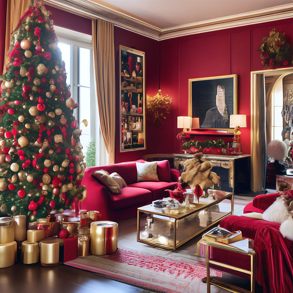 "The Christmas tree and the room are decorated in red and gold" — image ...