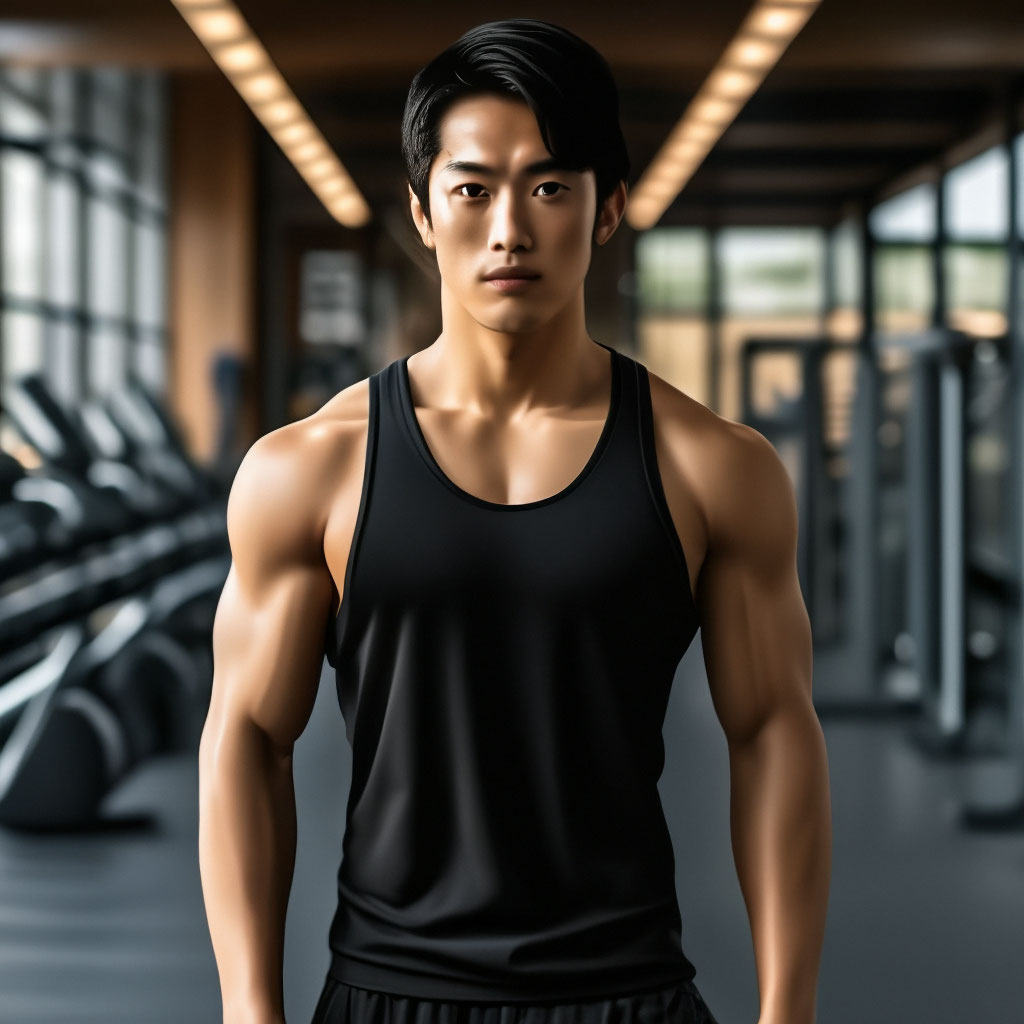 "A very handsome young Japanese man in a full-length gym, realism, high ...