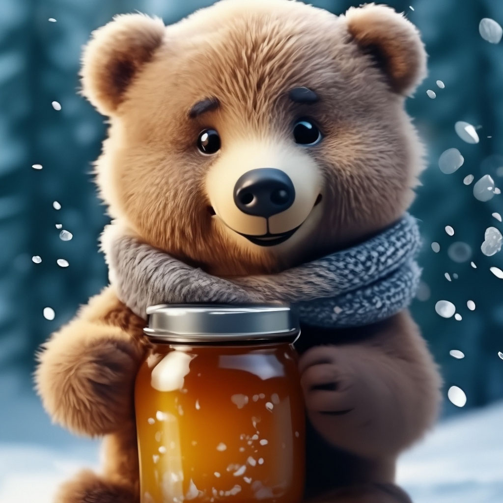 "Cute smiling bear cub with a jar of honey on the background of winter ...