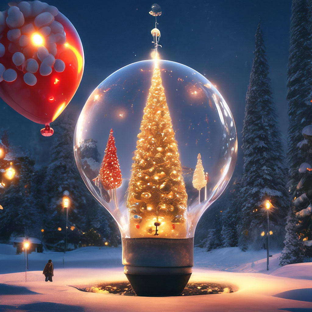 "A Christmas tree decorated with balloons inside a bright high-rise ...