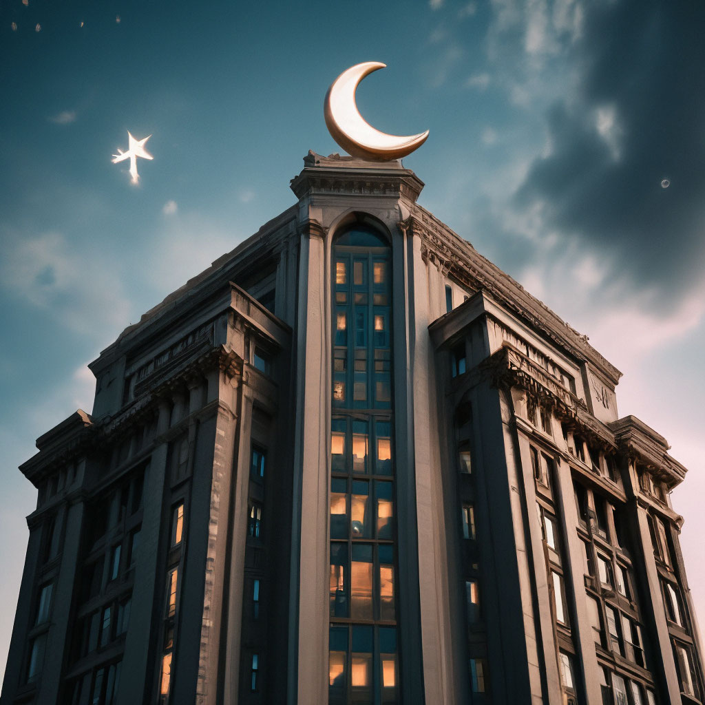 "A building with a moon and a star on it" — image created in Shedevrum