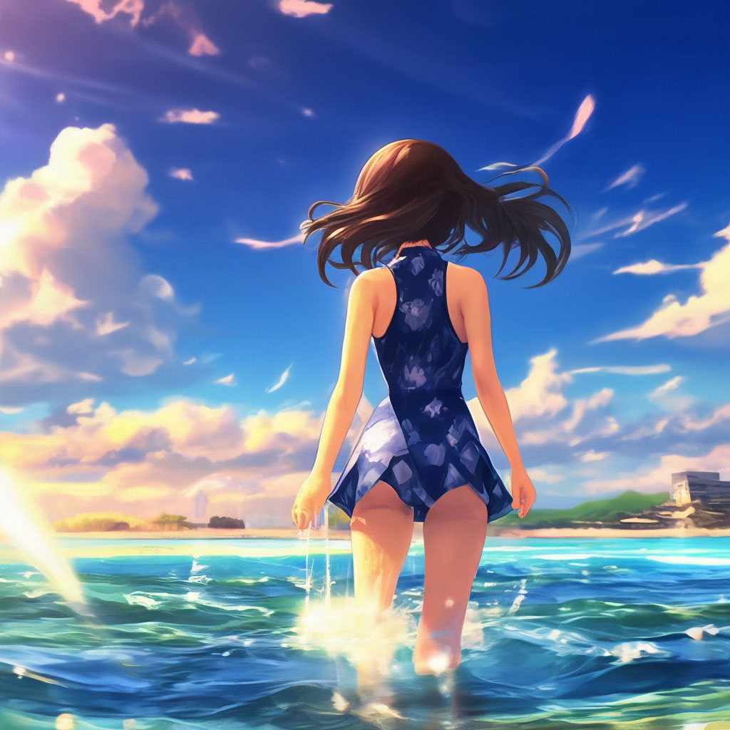 "Anime girl in a swimsuit splashing on the seashore in the water rear ...