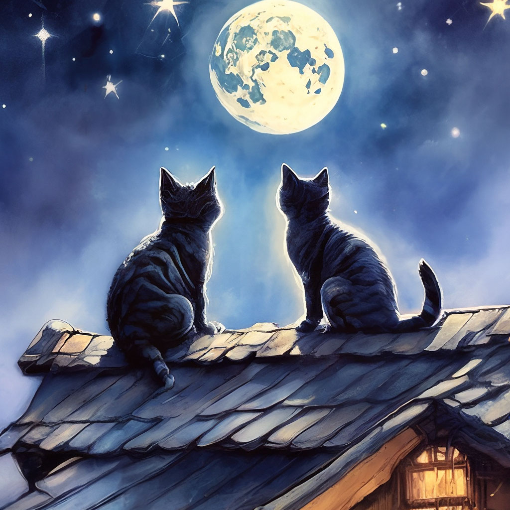 "A cat and a kitty are sitting on the roof looking at the moon, stars ...
