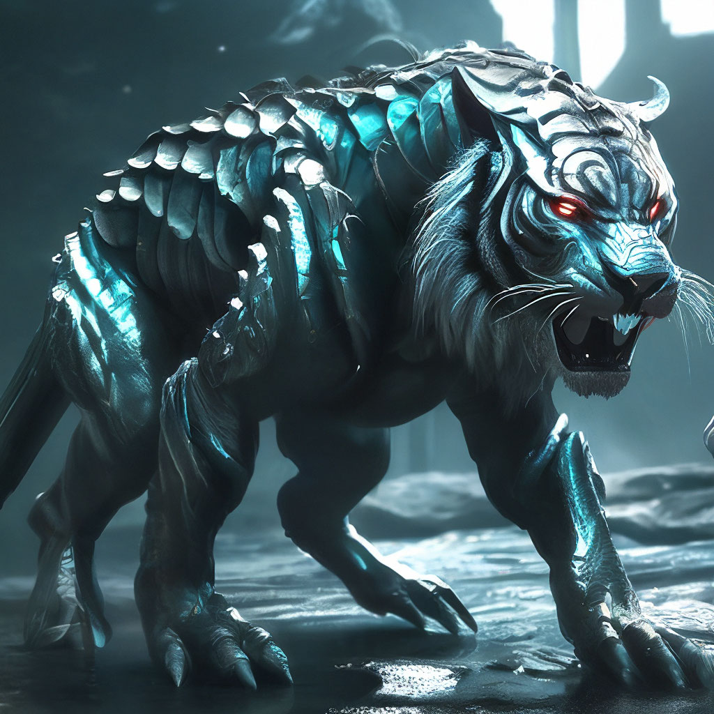 "Alien tiger, scales on the body, metallic gradient coloring, dark ...