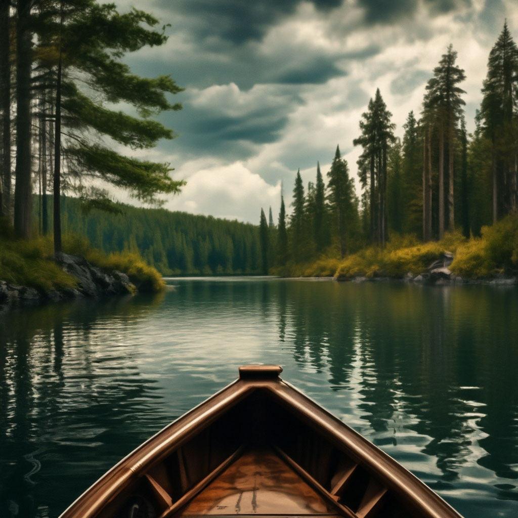 «Вид из лодки, озеро, высокие ели …» — создано в Шедевруме