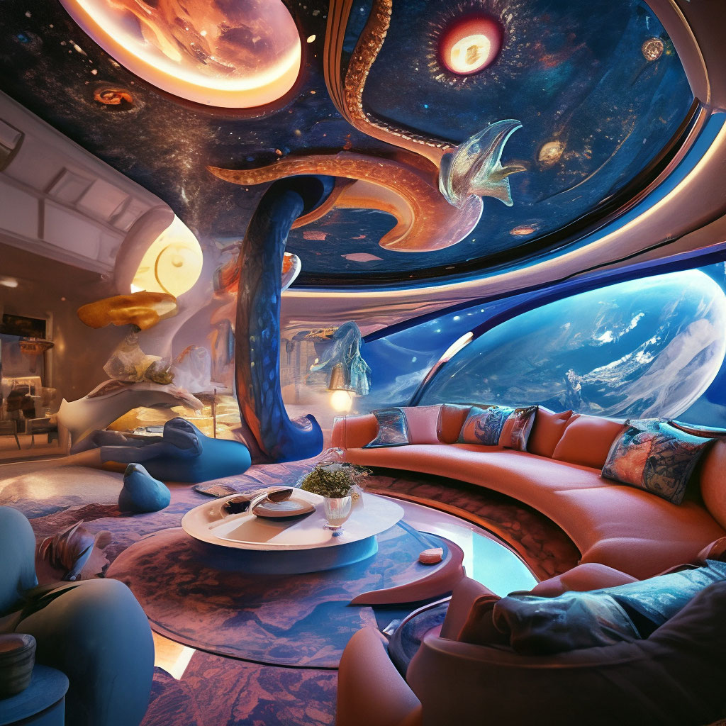 "Interior with a cosmic view and amazing creatures" — image created in ...