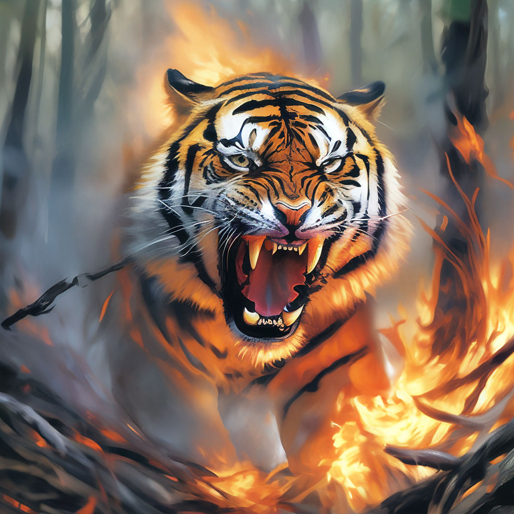 Тигр в ярости, лес, огонь» — создано в Шедевруме