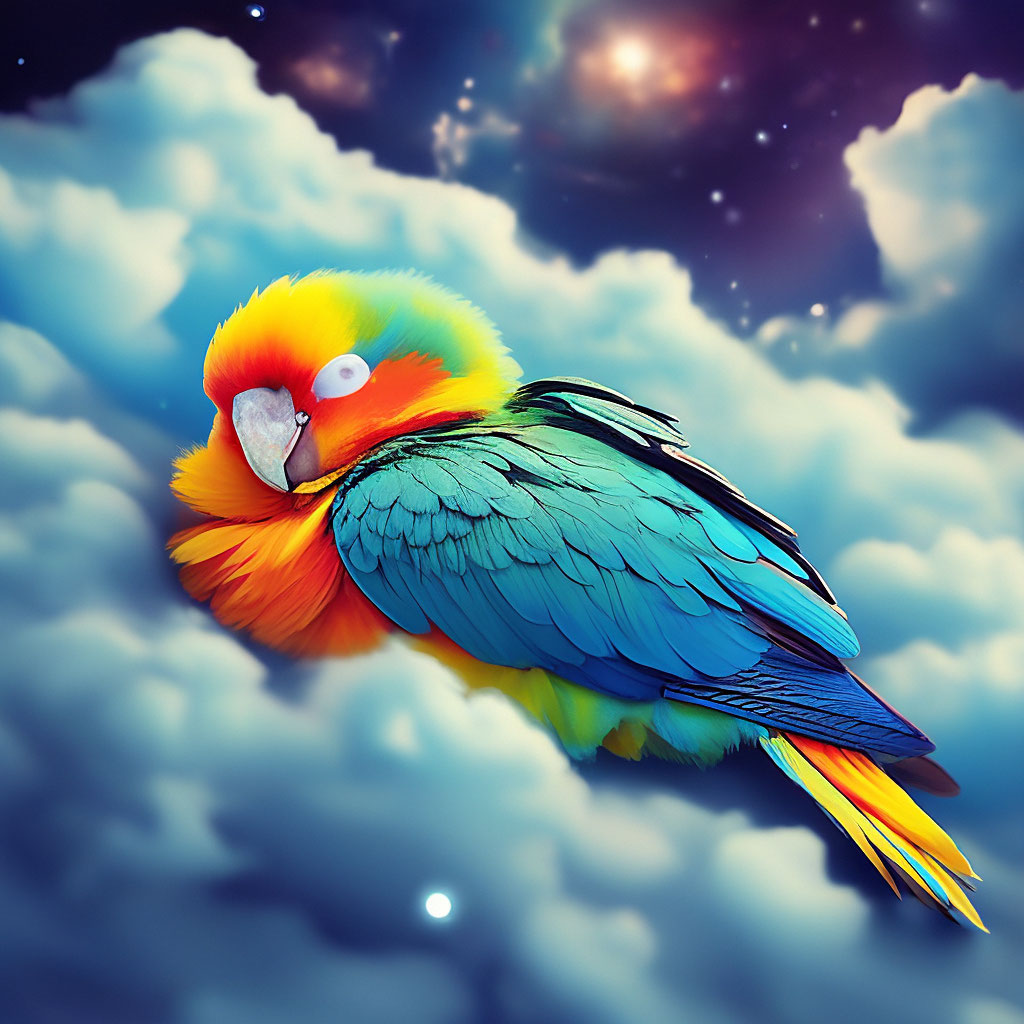 "Space cute parrot sleeps on clouds" — image created in Shedevrum