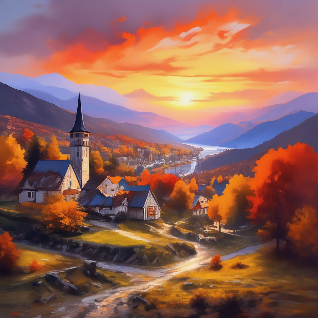 "Autumn landscape of a village in the mountains on the background of ...