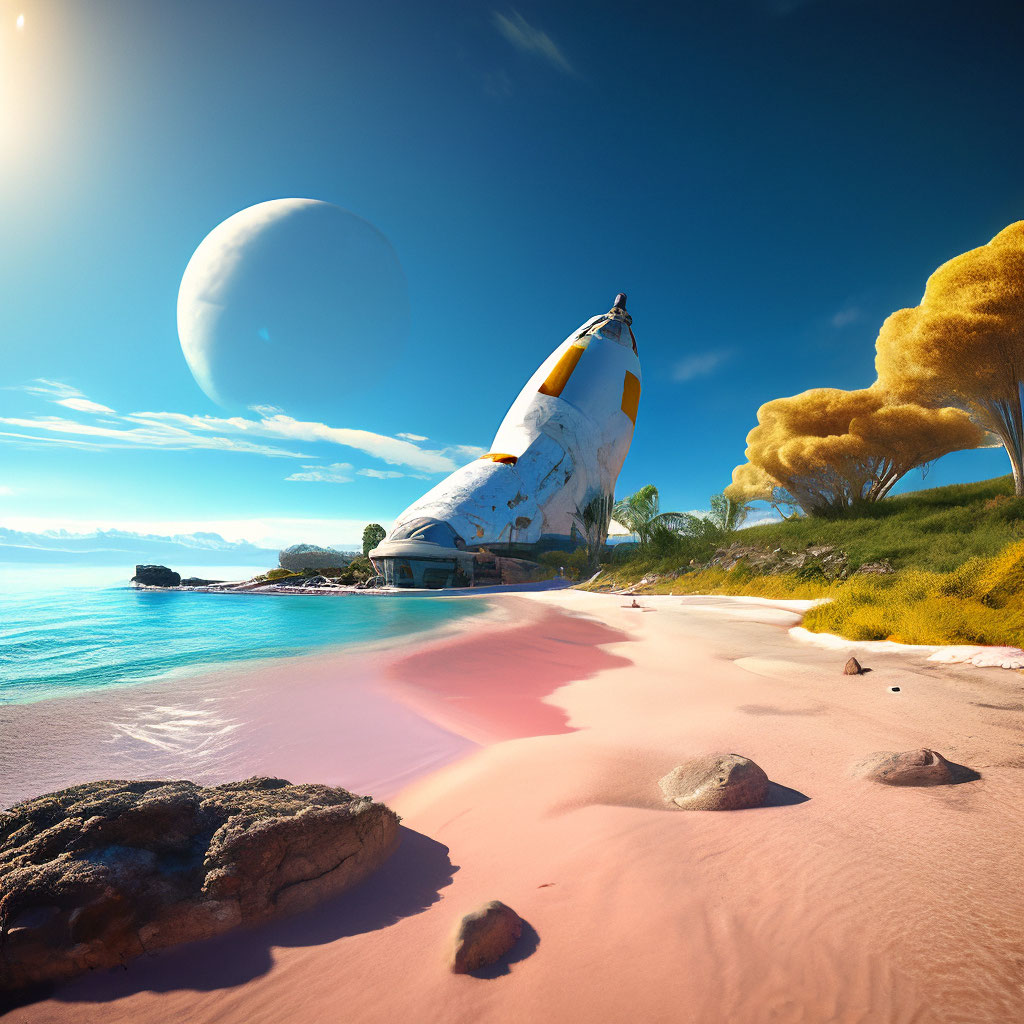 "Alien beach, yellow-pink sands, golden-pale sea, extraterrestrial ...