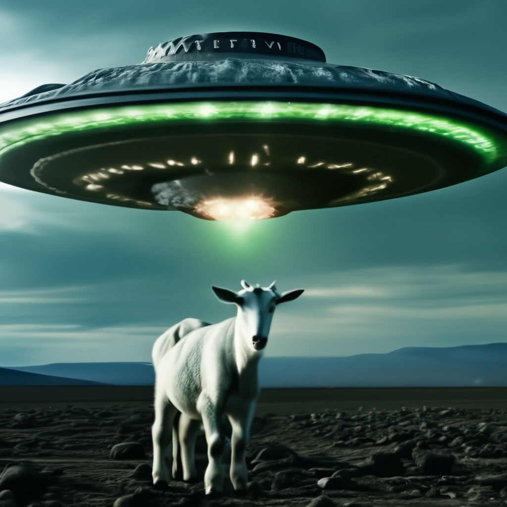 "The aliens arrived on a flying saucer, which attracts a white goat ...