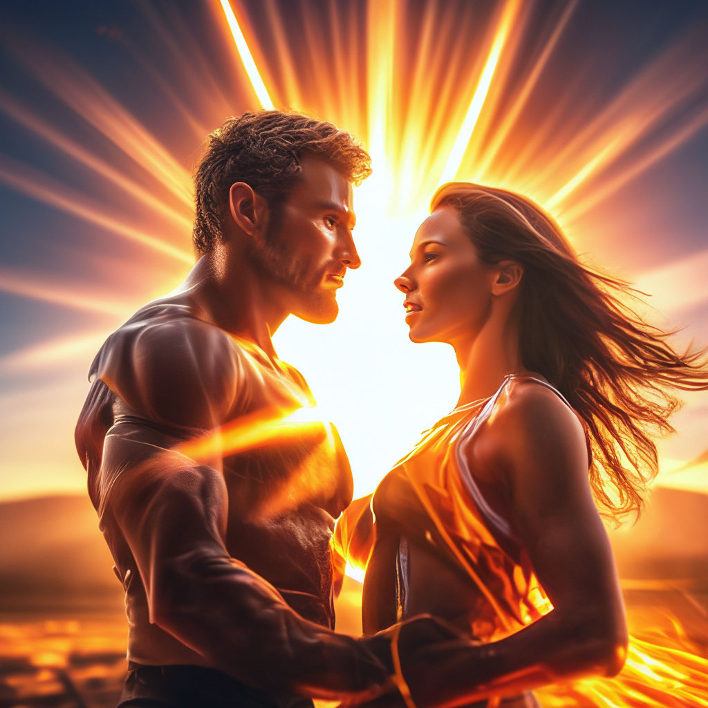 "Beautiful woman and brutal man,sun in all its glory, bright flashes ...