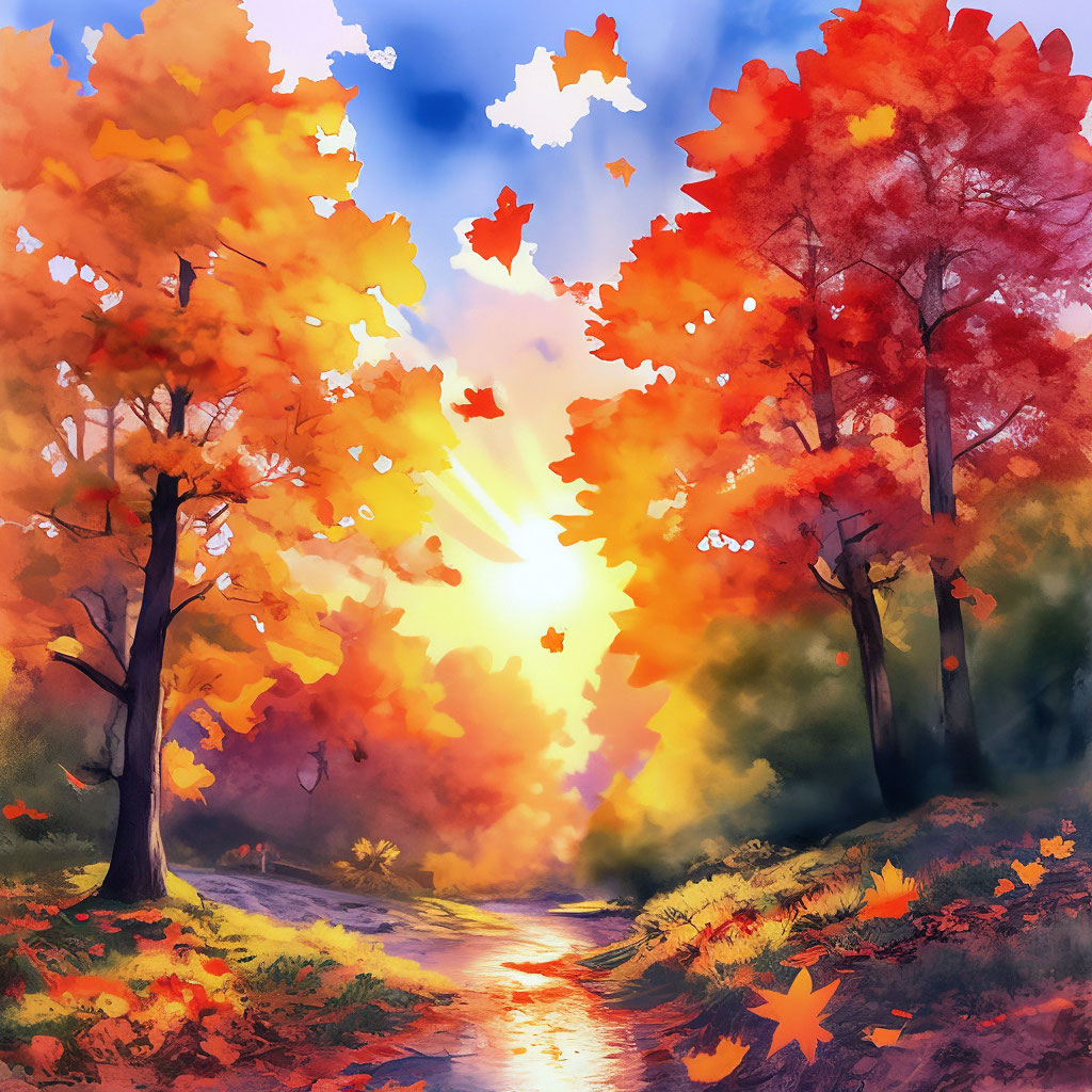 "Landscape autumn sun trees falling leaves watercolor drawing details ...